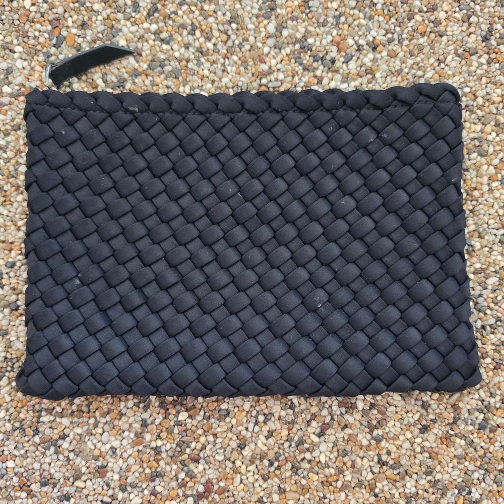 Naghedi St Barths Woven Neoprene Clutch Bag Onyx Black Zip Top Pouch